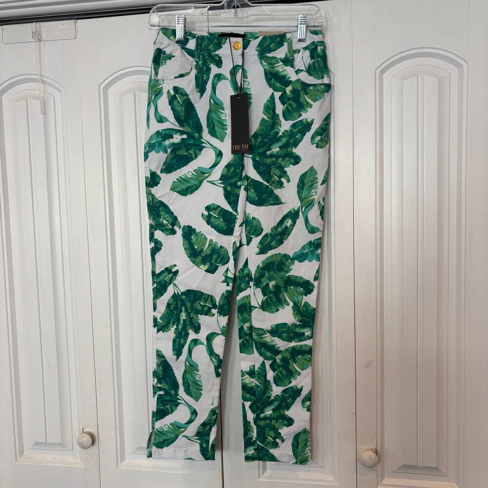 Truth White And Green Palm Print Crop Jeans Size Small‎